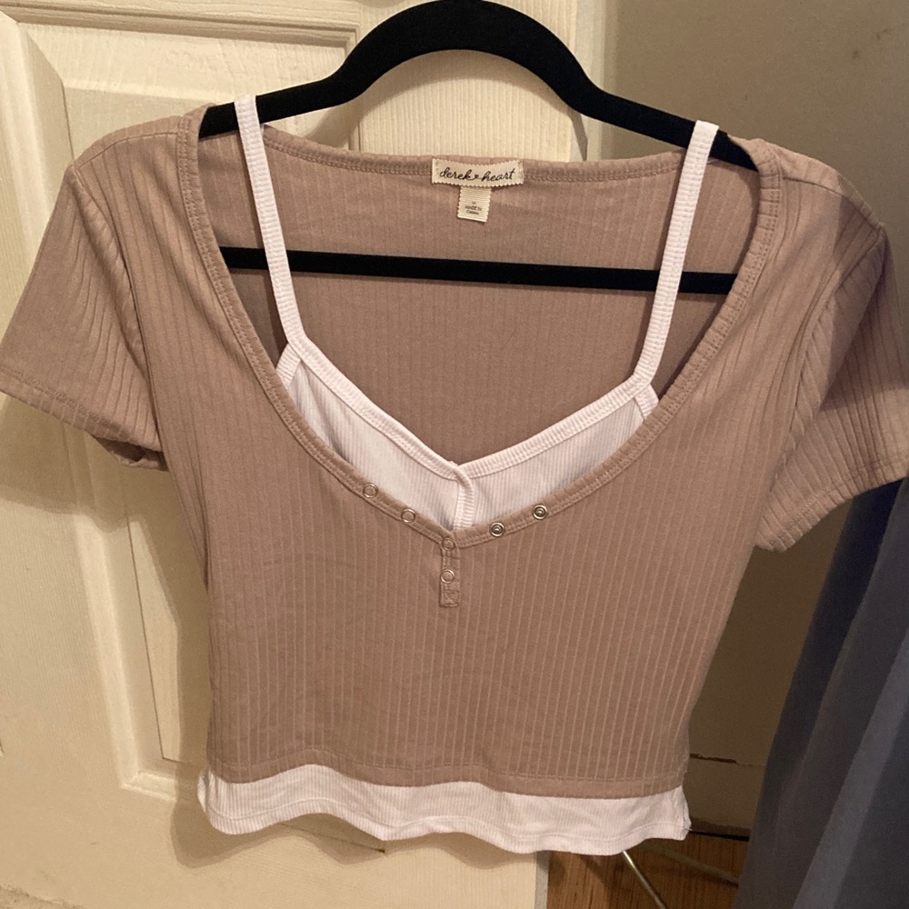 Derek Heart Tan and White Ribbed Crop Top